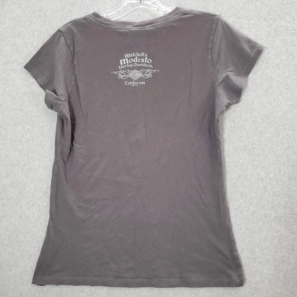 Harley Davidson Women Top M Gray Shirt Skull Rhinestones Mitchells Modesto CA‎